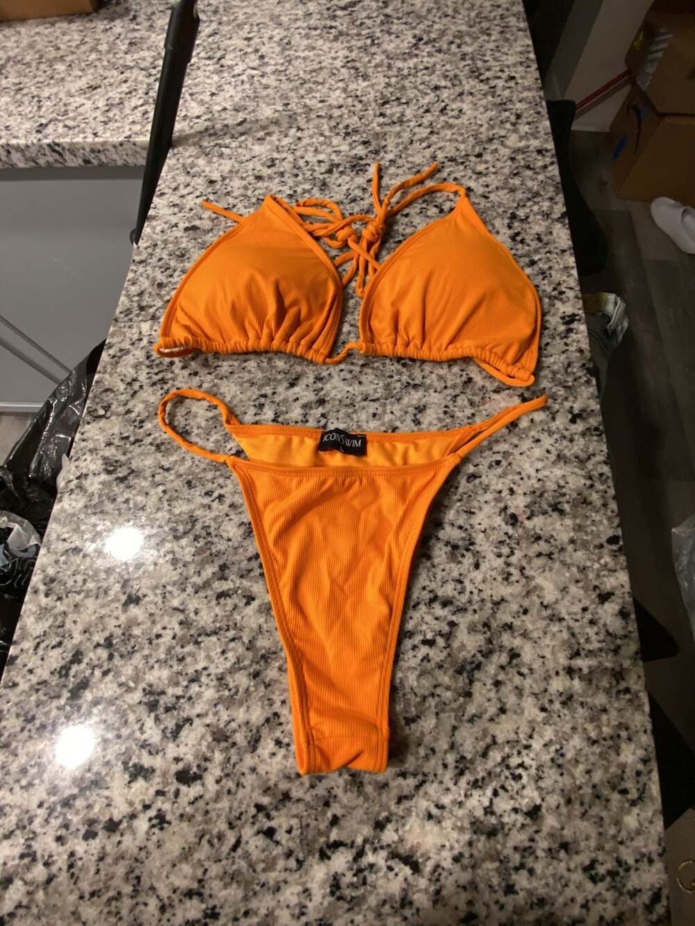 Icon Swim Orange Ribbed Halter Triangle Bikini Set Size Large